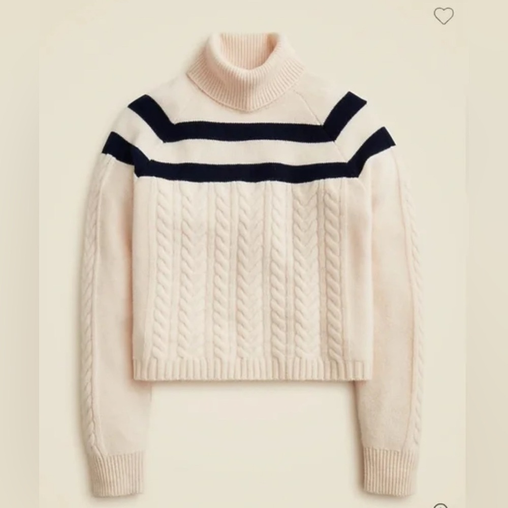 J. Crew Cashmere cable-knit turtleneck sweater w/contrast stripe ivory/navy SM